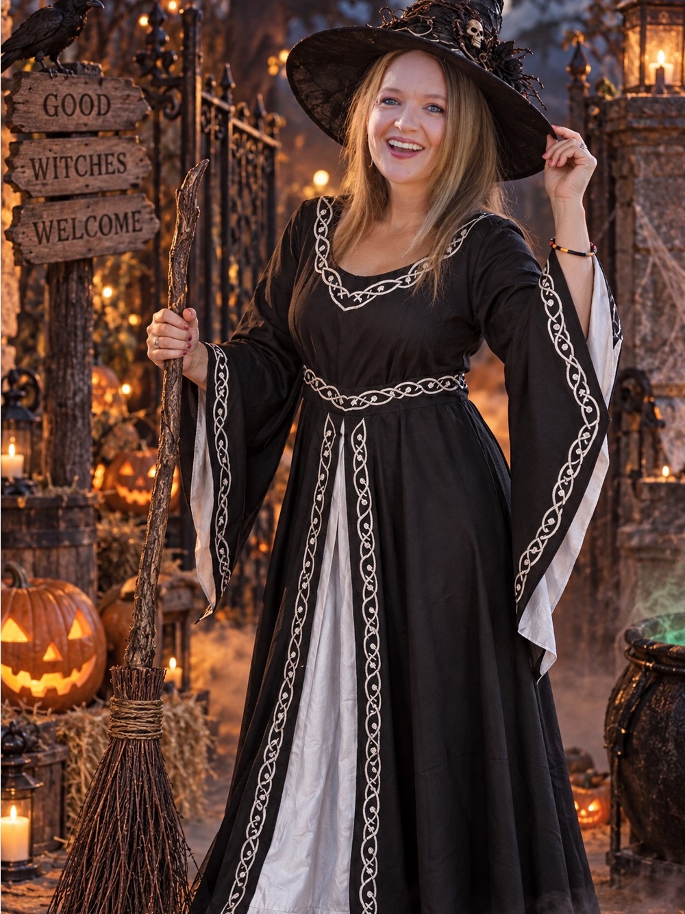 Womens Black Long Sleeve Witch-Inspired Dress with White Trim